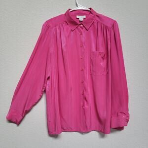 Schrader Vintage Blouse Womens Large Pink Button up Puff Shoulder Retro 80s
